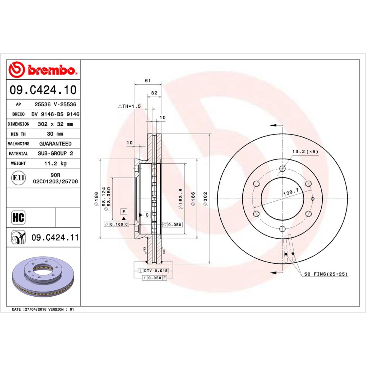 BRE-09.C424.11 - PAR DE DISCOS DE FRENO DELANTEROS PARA FORD RANGER BASE 2015-2016