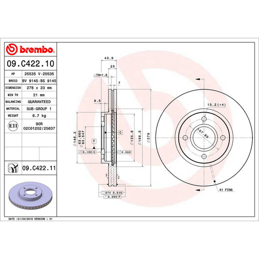 BRE-09.C422.11 - PAR DE DISCOS DE FRENO DELANTEROS PARA FORD FIESTA ST 2014-2019