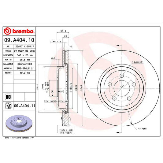 BRE-09.A404.10 - PAR DE DISCOS DE FRENO DELANTEROS PARA CHRYSLER 300 C 2006-2007