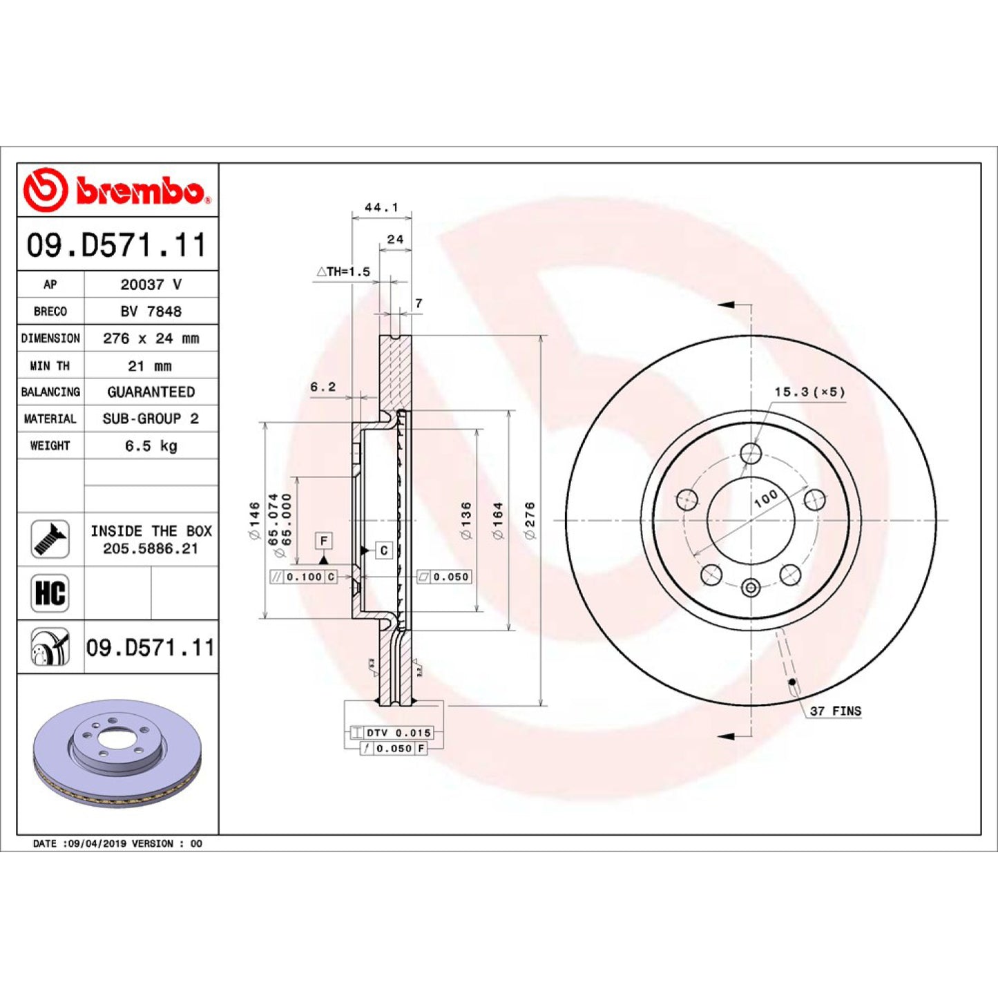 BRE-09.D571.11 - PAR DE DISCOS DE FRENO DELANTEROS PARA SEAT IBIZA BLITZ 2017-2017