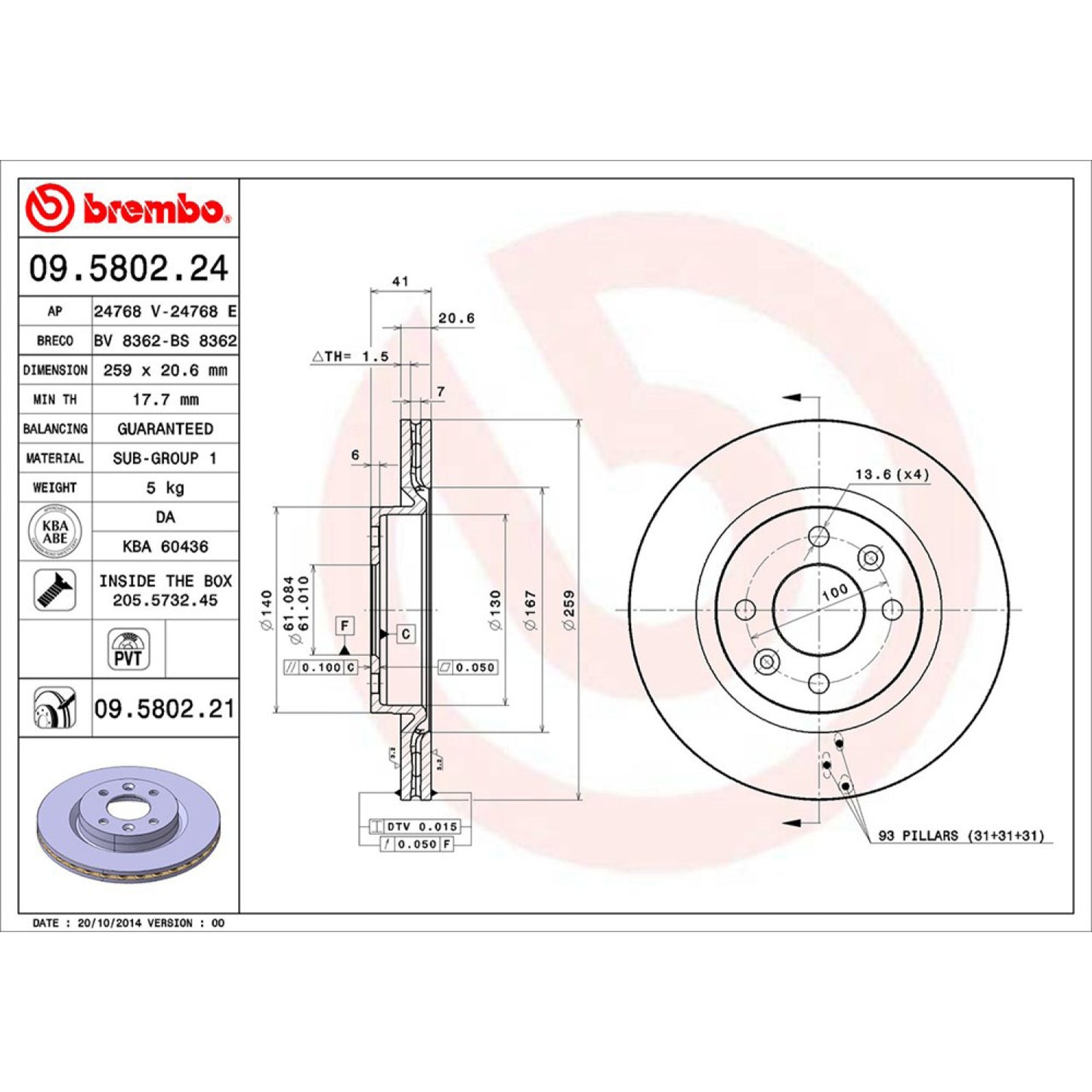 BRE-09.5802.20 - PAR DE DISCOS DE FRENO DELANTEROS PARA NISSAN APRIO BASE 2008-2010