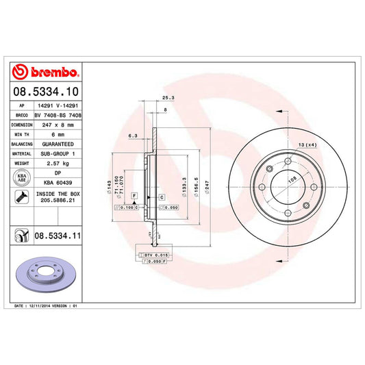 BRE-08.5334.11 - PAR DE DISCOS DE FRENO TRASEROS PARA PEUGEOT 206 BASE 2007-2007