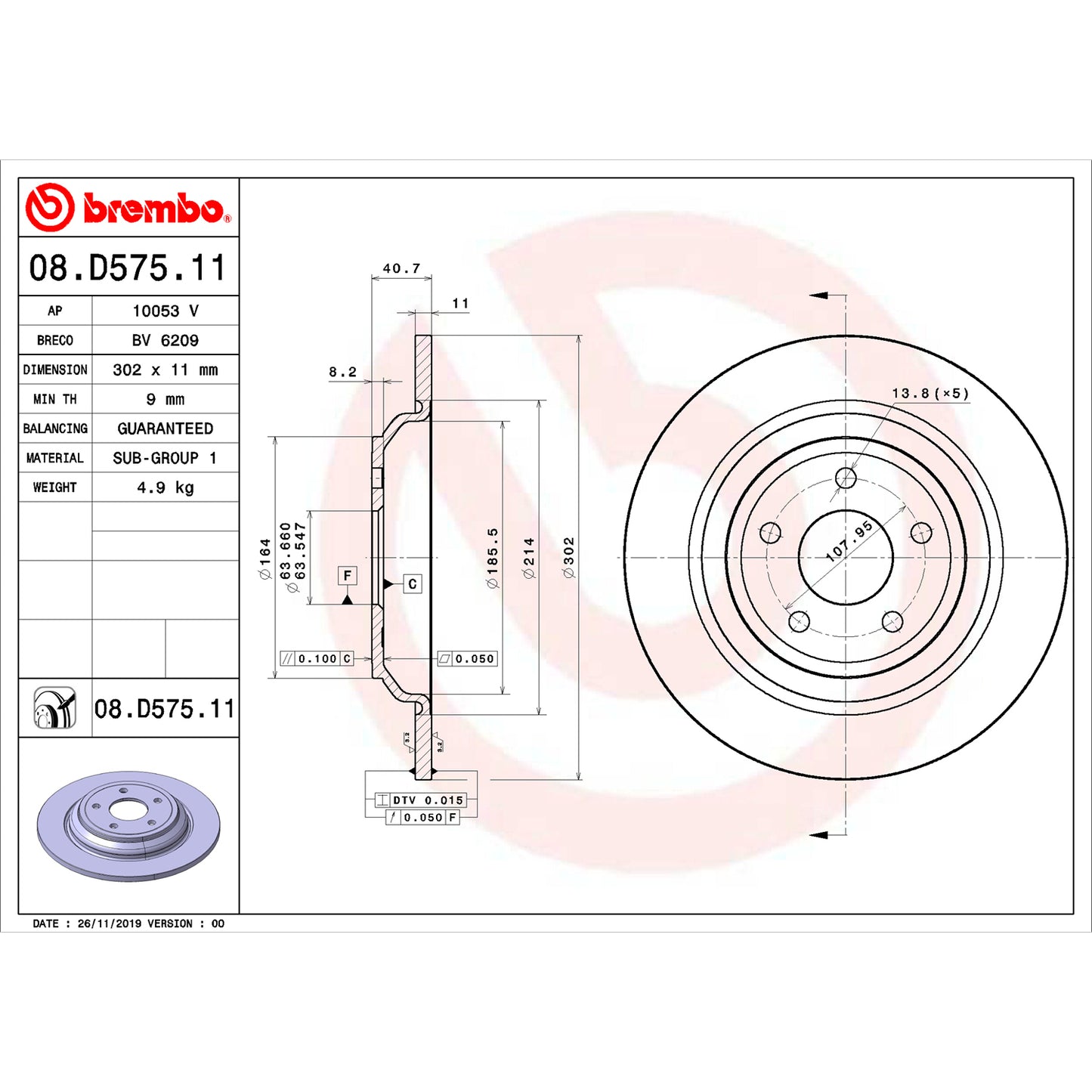 BRE-08.D575.11 - PAR DE DISCOS DE FRENO TRASEROS PARA FORD FOCUS RS 2016-2018