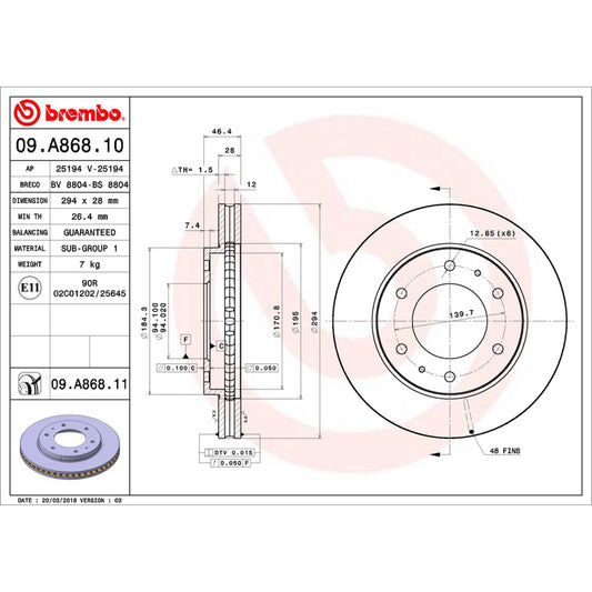 BRE-09.A868.10 - PAR DE DISCOS DE FRENO DELANTEROS PARA MITSUBISHI L200 BASE 2008-2018