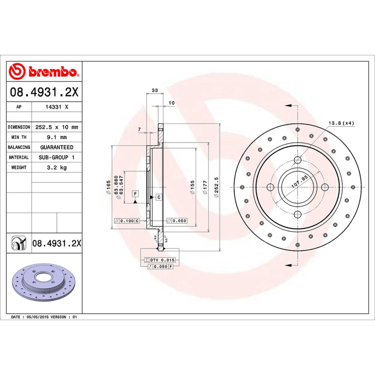 BRE-08.4931.2X - PAR DE DISCOS DE FRENO TRASEROS PARA FORD FIESTA ST 2008-2016