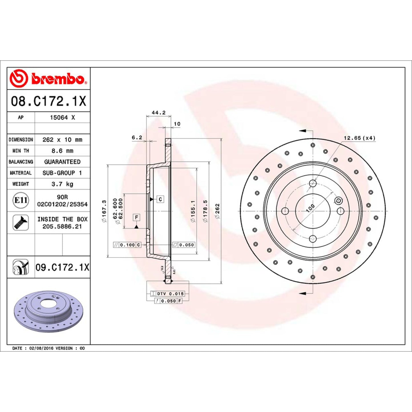BRE-08.C172.1X - PAR DE DISCOS DE FRENO TRASEROS PARA DODGE ATTITUDE GL 2012-2014
