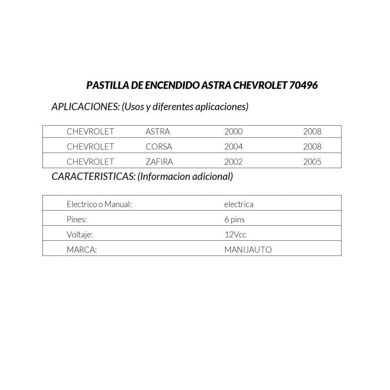 MANJ-70496 - PASTILLA DE ENCENDIDO PARA CHEVROLET ASTRA 2000-2008