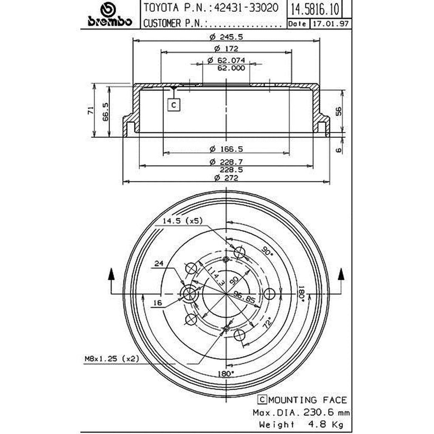 BRE-14.5816.10 - PAR DE TAMBORES DE FRENO TRASEROS PARA TOYOTA CAMRY CE 1997-2000