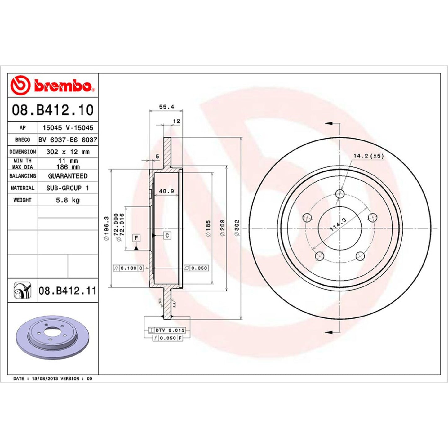 BRE-08.B412.10 - PAR DE DISCOS DE FRENO TRASEROS PARA FORD ESCAPE HYBRID 2005-2008