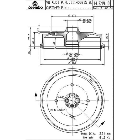 BRE-14.3219.10 - PAR DE TAMBORES DE FRENO DELANTEROS PARA VOLKSWAGEN BEETLE BASE 1968-1977