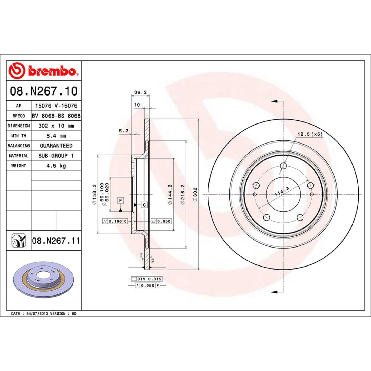 BRE-08.N267.11 - PAR DE DISCOS DE FRENO TRASEROS PARA MITSUBISHI ASX ES 2014-2015