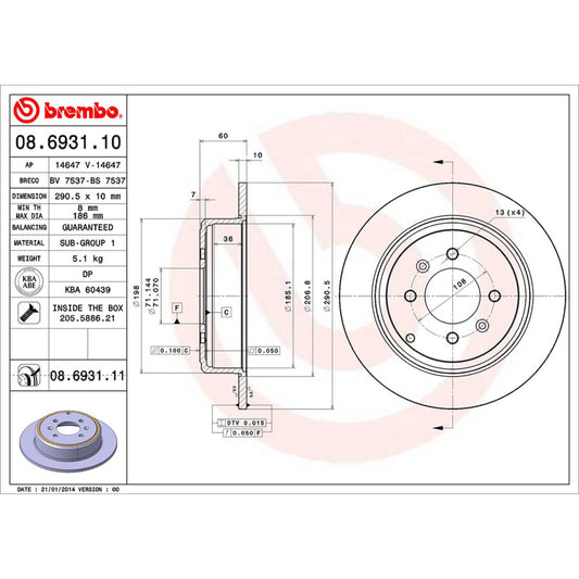 BRE-08.6931.10 - PAR DE DISCOS DE FRENO TRASEROS PARA PEUGEOT 406 BASE 2000-2002