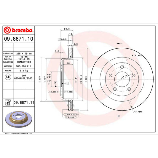 BRE-09.8871.10 - PAR DE DISCOS DE FRENO TRASEROS PARA FORD CROWN VICTORIA BASE 2003-2008