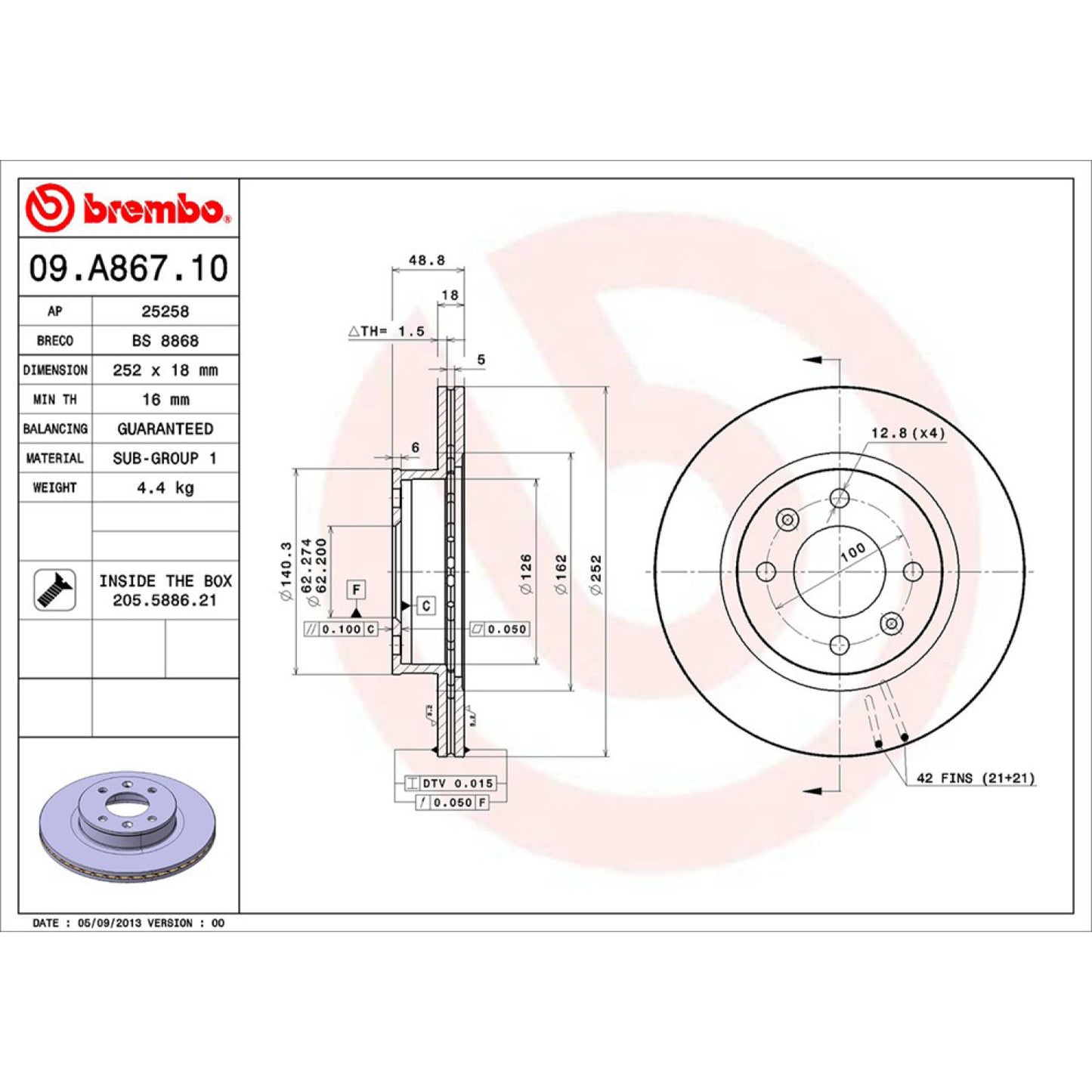BRE-09.A867.10 - PAR DE DISCOS DE FRENO DELANTEROS PARA HYUNDAI GRAND I10 GL 2015-2019