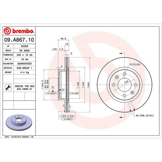 BRE-09.A867.10 - PAR DE DISCOS DE FRENO DELANTEROS PARA HYUNDAI GRAND I10 GL 2015-2019