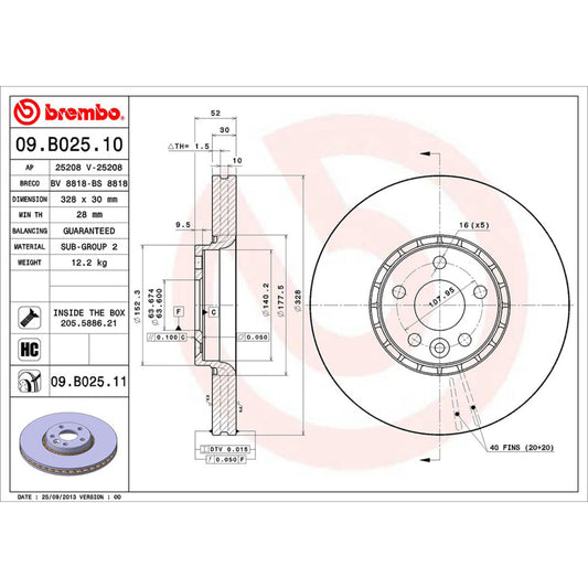 BRE-09.B025.10 - PAR DE DISCOS DE FRENO DELANTEROS PARA VOLVO XC60 3.2 2013-2015