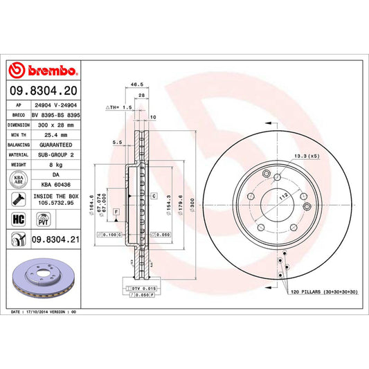 BRE-09.8304.20 - PAR DE DISCOS DE FRENO DELANTEROS PARA MERCEDES-BENZ CLK320 BASE 2004-2005