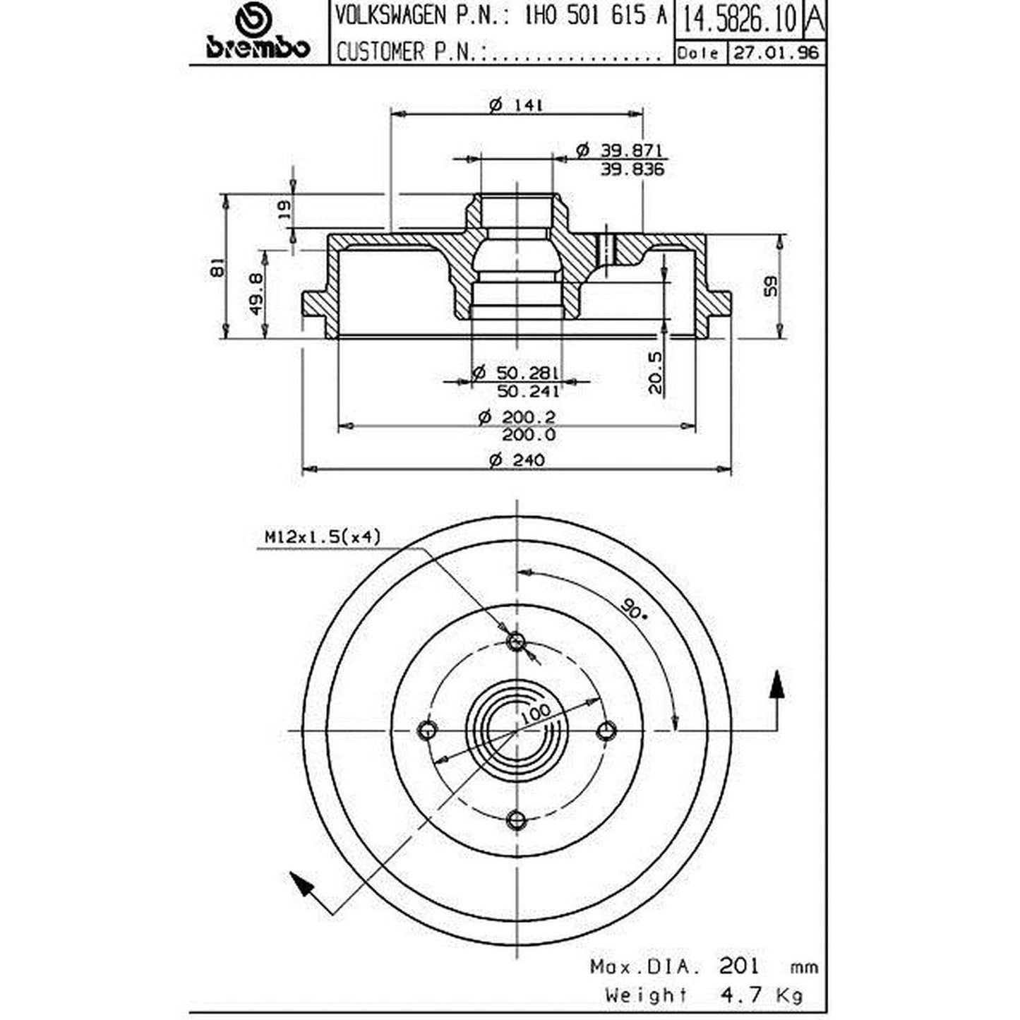 BRE-14.5826.10 - PAR DE TAMBORES DE FRENO TRASEROS PARA VOLKSWAGEN GOL BASE 2009-2011