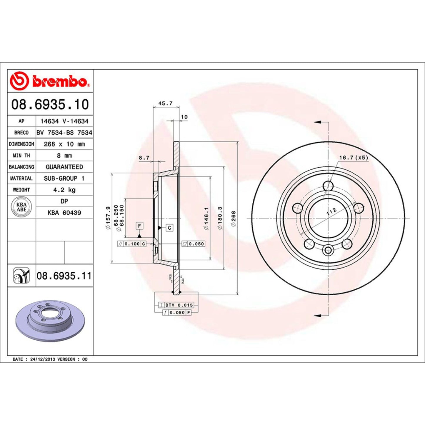 BRE-08.6935.10 - PAR DE DISCOS DE FRENO TRASEROS PARA VOLKSWAGEN SHARAN BASE 2002-2002