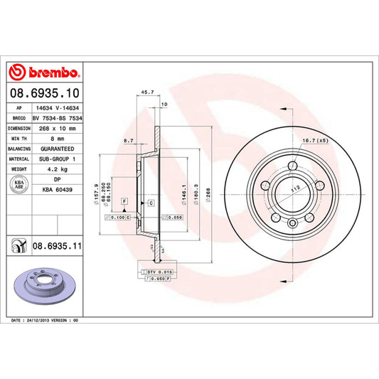 BRE-08.6935.10 - PAR DE DISCOS DE FRENO TRASEROS PARA VOLKSWAGEN SHARAN BASE 2002-2002
