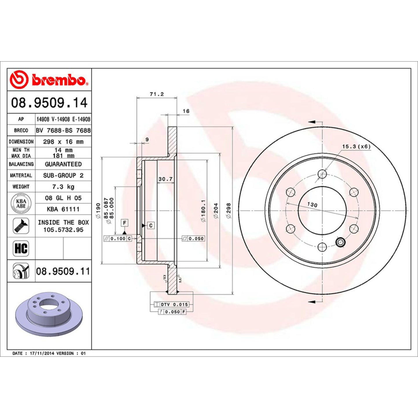 BRE-08.9509.10 - PAR DE DISCOS DE FRENO TRASEROS PARA MERCEDES-BENZ SPRINTER 311 CDI 2017-2019