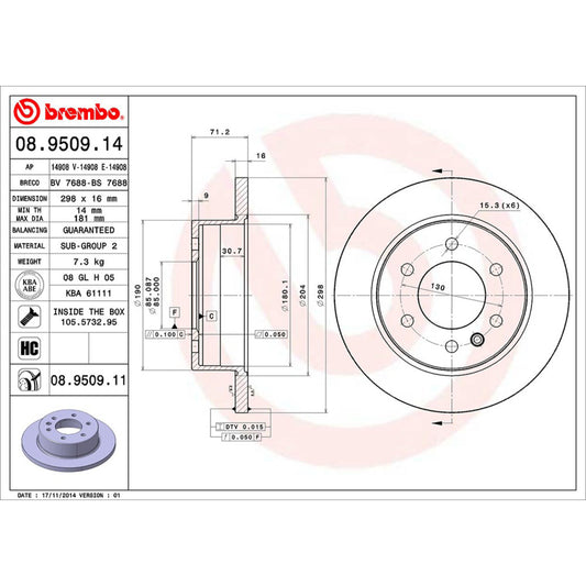BRE-08.9509.10 - PAR DE DISCOS DE FRENO TRASEROS PARA MERCEDES-BENZ SPRINTER 311 CDI 2017-2019