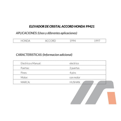 MANJ-99421 - ELEVADOR DE CRISTAL PARA HONDA ACCORD 1994-1997 IZQUIERDA DELANTERA