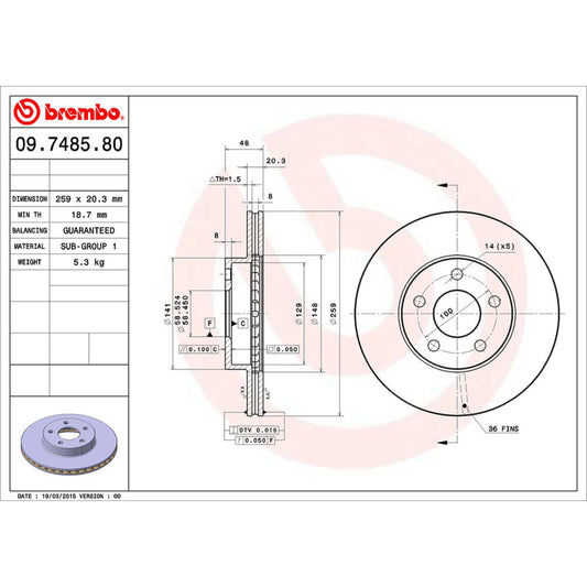 BRE-09.7485.80 - PAR DE DISCOS DE FRENO DELANTEROS PARA BUICK SKYLARK CUSTOM  3.1 6 1998-1998