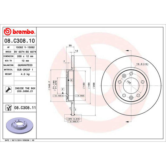 BRE-08.C308.11 - PAR DE DISCOS DE FRENO TRASEROS PARA PEUGEOT 3008 ALLURE 2018-2019