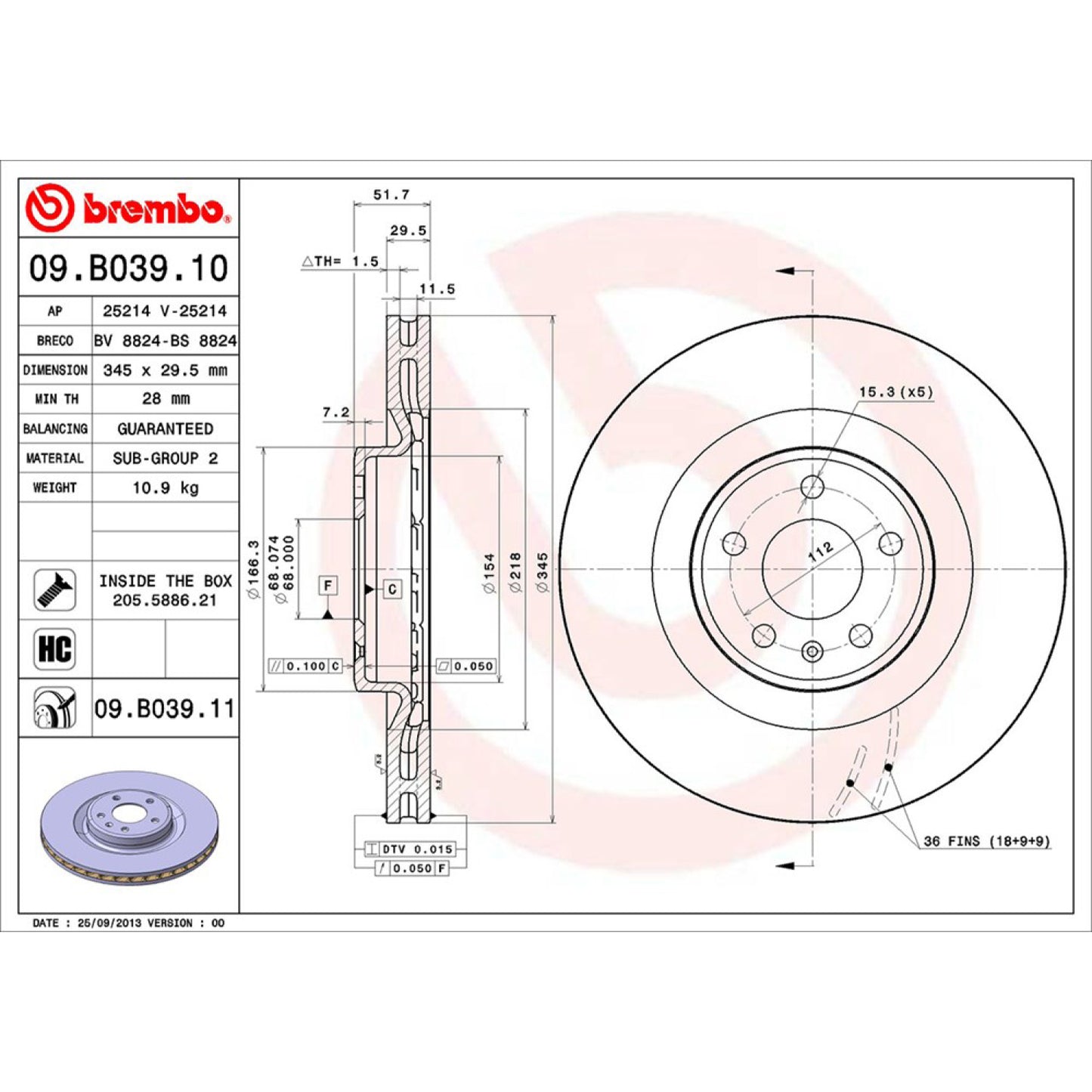 BRE-09.B039.10 - PAR DE DISCOS DE FRENO DELANTEROS PARA AUDI Q5 BASE 2009-2011
