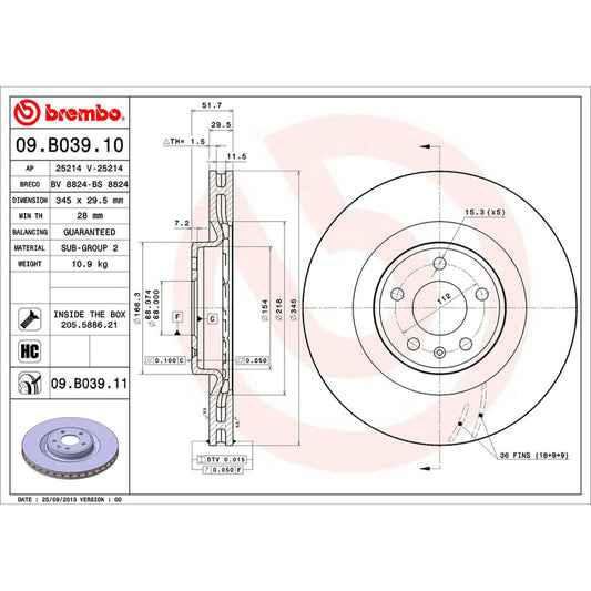 BRE-09.B039.10 - PAR DE DISCOS DE FRENO DELANTEROS PARA AUDI Q5 BASE 2009-2011