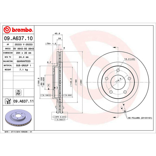 BRE-09.A637.10 - PAR DE DISCOS DE FRENO DELANTEROS PARA CHRYSLER 200 LIMITED 2012-2014