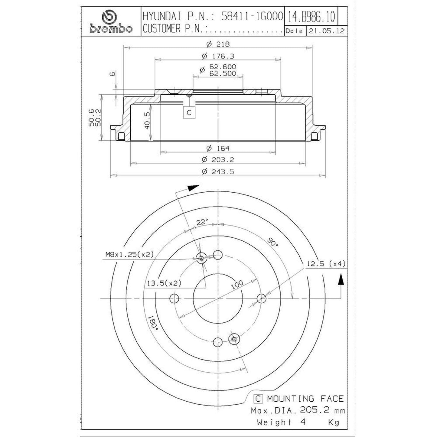 BRE-14.B986.10 - PAR DE TAMBORES DE FRENO TRASEROS PARA DODGE ATTITUDE GL 2006-2010
