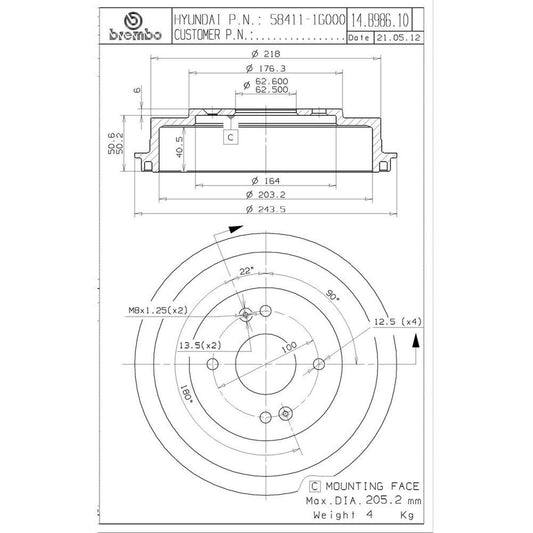 BRE-14.B986.10 - PAR DE TAMBORES DE FRENO TRASEROS PARA DODGE ATTITUDE GL 2006-2010