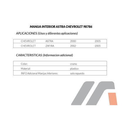 MANJ-98786 - MANIJA INTERIOR PARA CHEVROLET ASTRA 2000-2005 DELANTERA/TRASERA DERECHA
