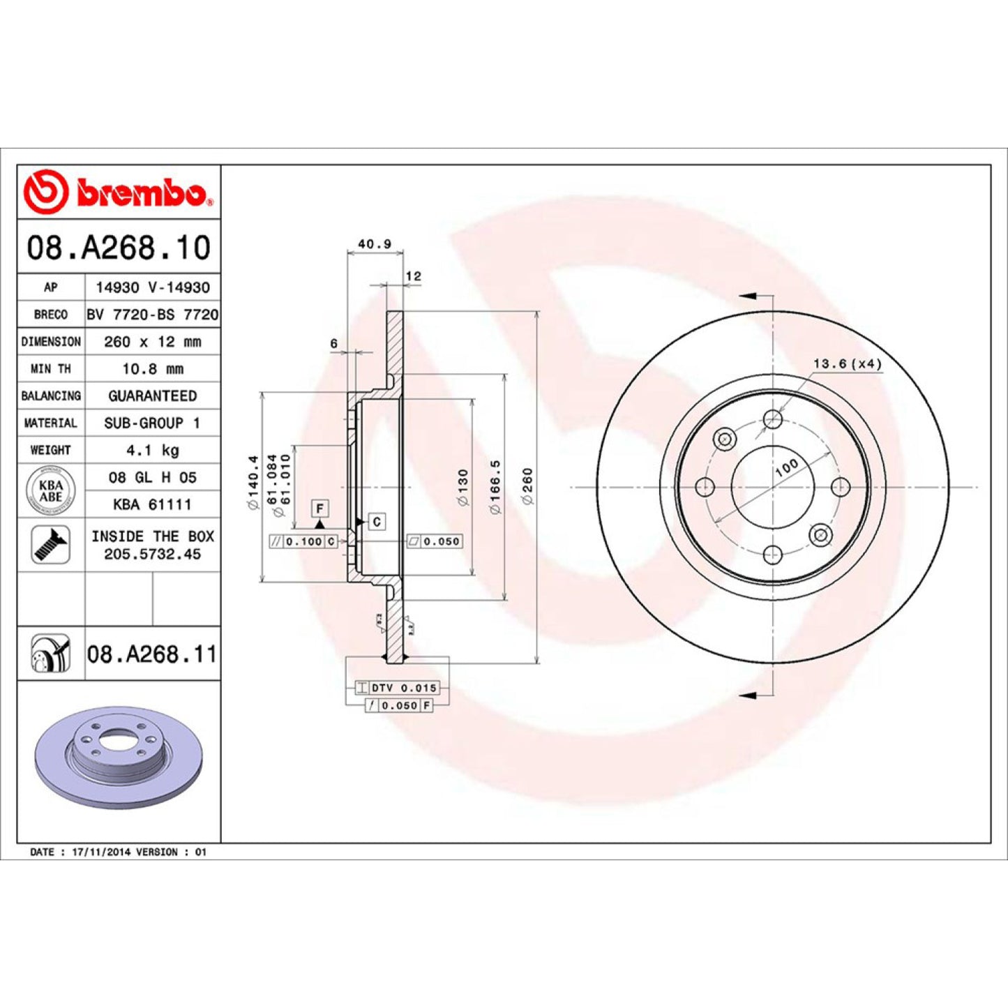 BRE-08.A268.10 - PAR DE DISCOS DE FRENO DELANTEROS PARA NISSAN APRIO BASE 2008-2010