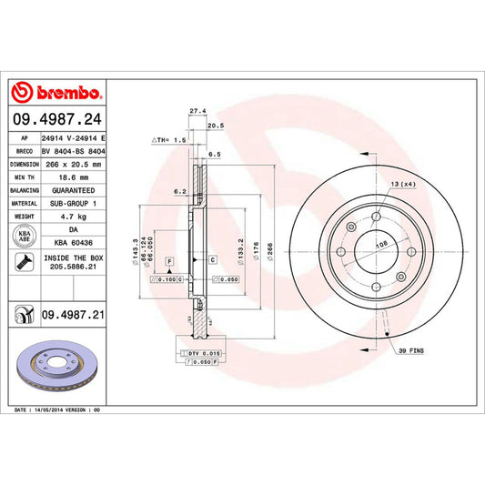 BRE-09.4987.20 - PAR DE DISCOS DE FRENO DELANTEROS PARA PEUGEOT 206 BASE 2007-2007