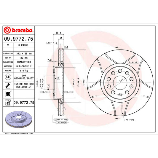 BRE-09.9772.75 - PAR DE DISCOS DE FRENO DELANTEROS PARA AUDI A1 COOL 2011-2014
