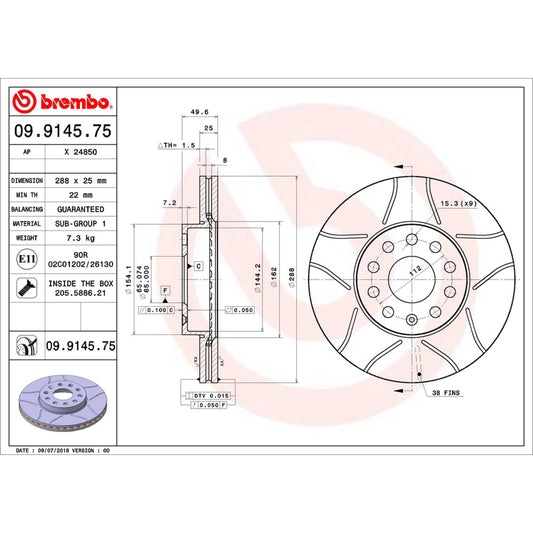 BRE-09.9145.75 - PAR DE DISCOS DE FRENO DELANTEROS PARA AUDI A3 100 ANIVERSARIO 2010-2010