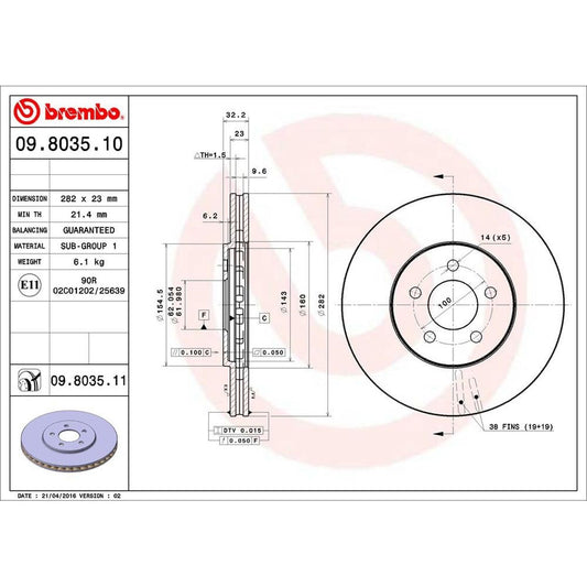 BRE-09.8035.11 - PAR DE DISCOS DE FRENO DELANTEROS PARA CHRYSLER CIRRUS BASE 1996-2000