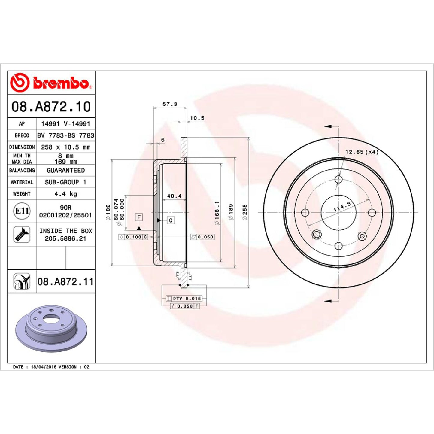 BRE-08.A872.11 - PAR DE DISCOS DE FRENO TRASEROS PARA CHEVROLET OPTRA BASE 2006-2010