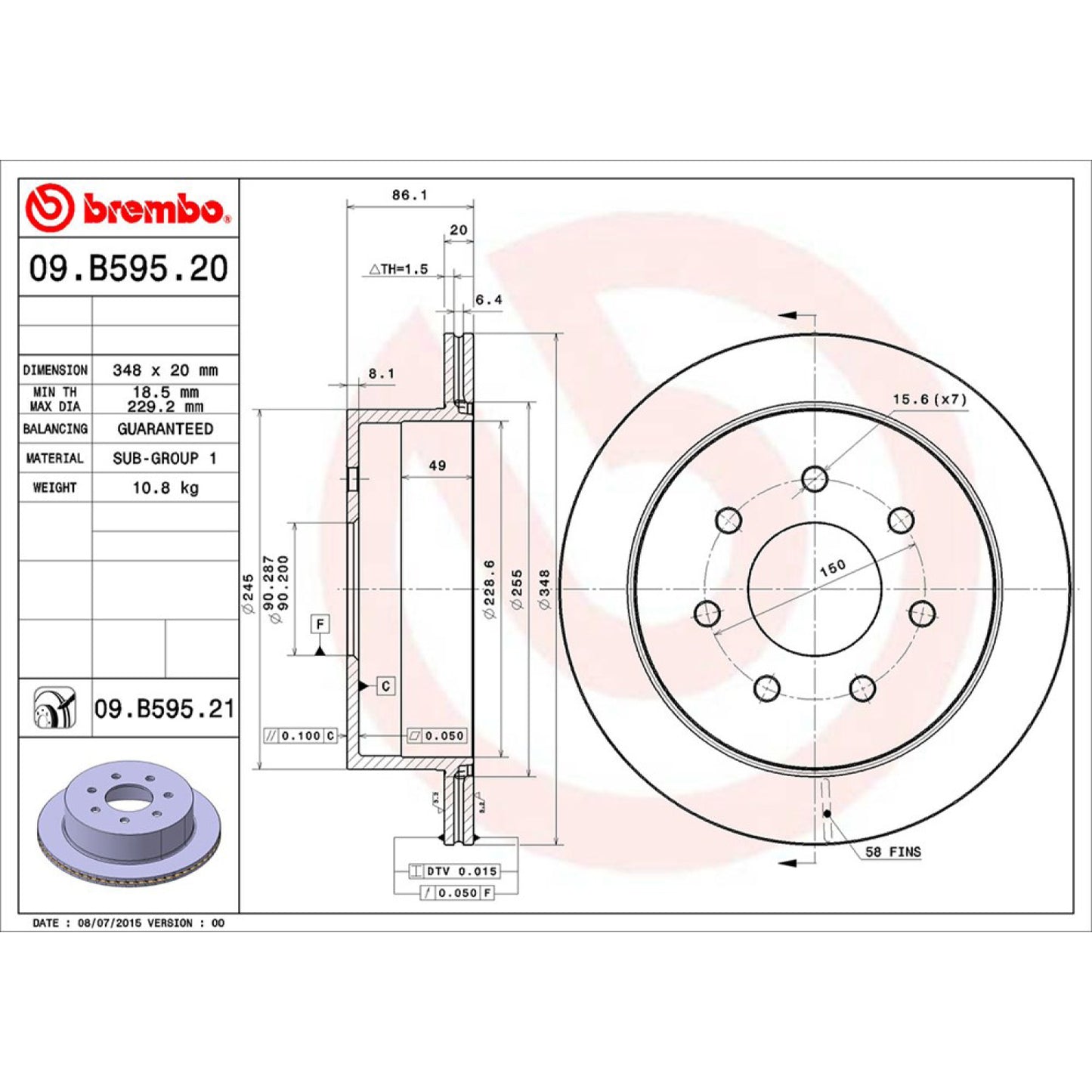 BRE-09.B595.20 - PAR DE DISCOS DE FRENO TRASEROS PARA FORD F-150 FX2 2007-2011