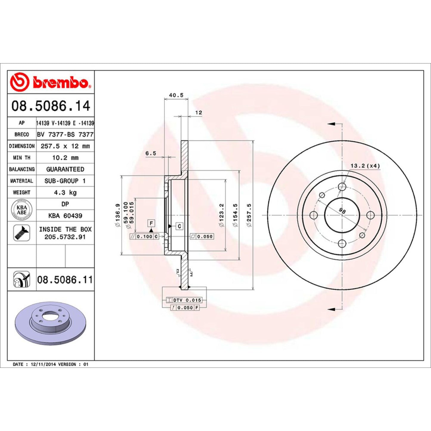 BRE-08.5086.11 - PAR DE DISCOS DE FRENO DELANTEROS PARA FIAT MOBI BLACKTOP 2019-2019