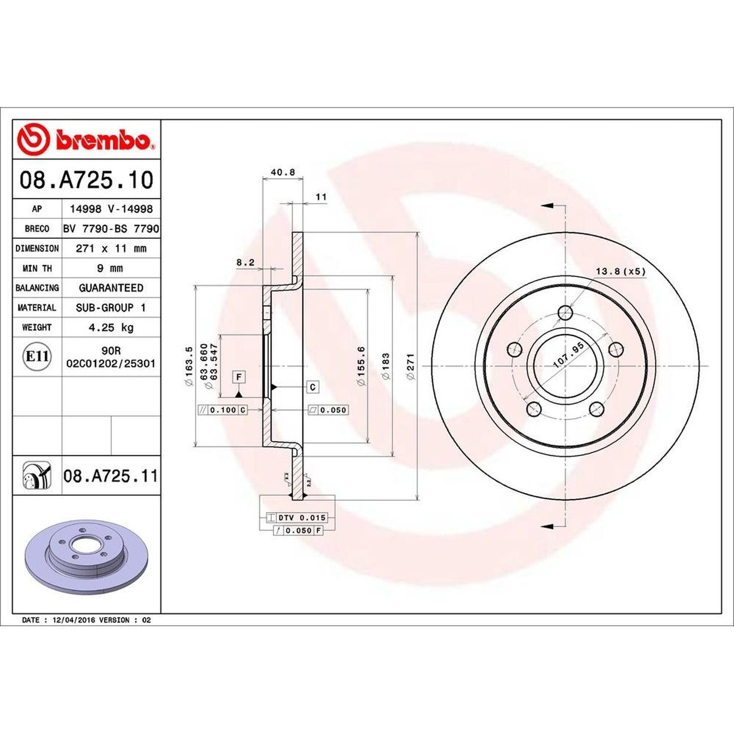 BRE-08.A725.11 - PAR DE DISCOS DE FRENO TRASEROS PARA FORD FOCUS ELECTRIC 2012-2018
