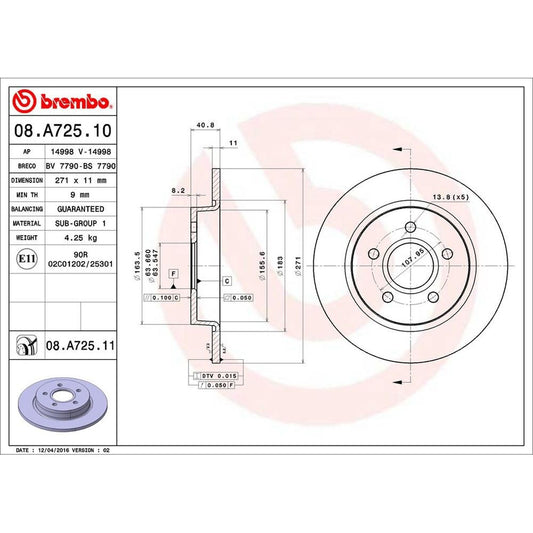 BRE-08.A725.11 - PAR DE DISCOS DE FRENO TRASEROS PARA FORD FOCUS ELECTRIC 2012-2018