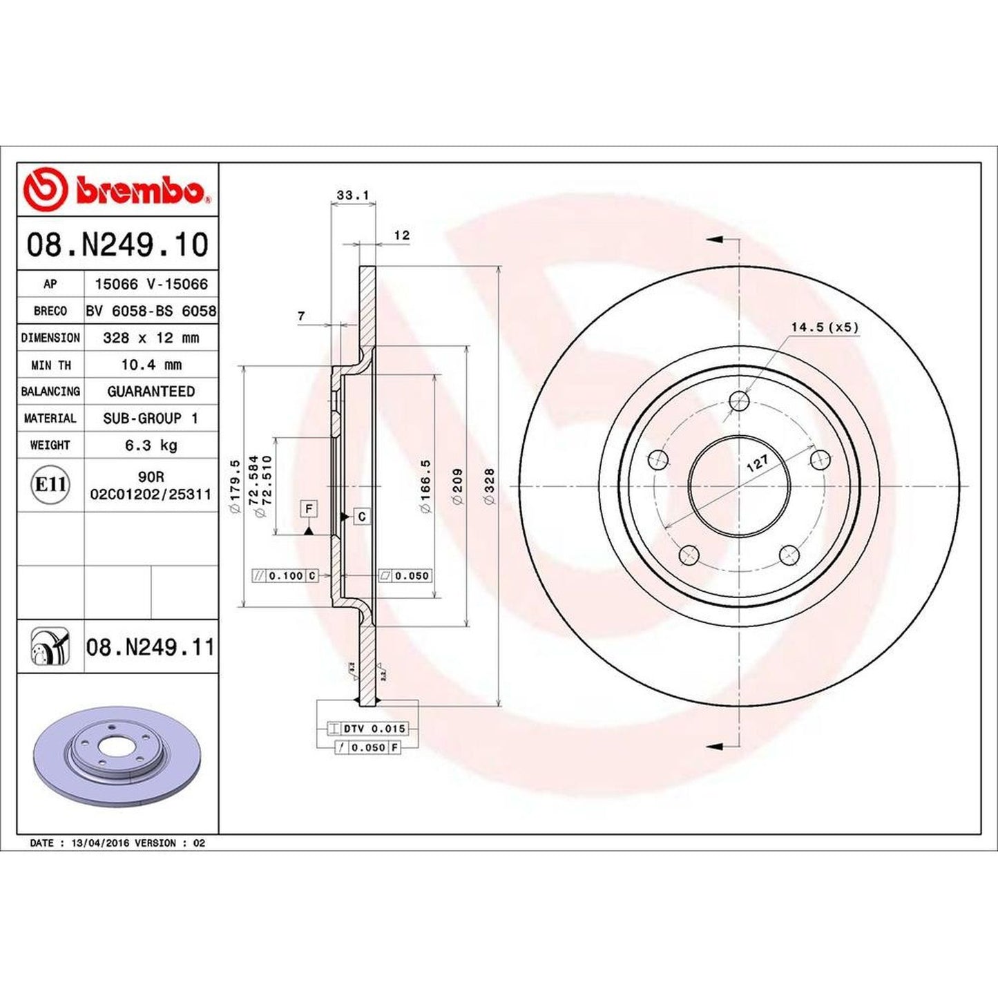 BRE-08.N249.11 - PAR DE DISCOS DE FRENO TRASEROS PARA CHRYSLER TOWN & COUNTRY 30TH ANNIVERSARY EDITION 2014-2014