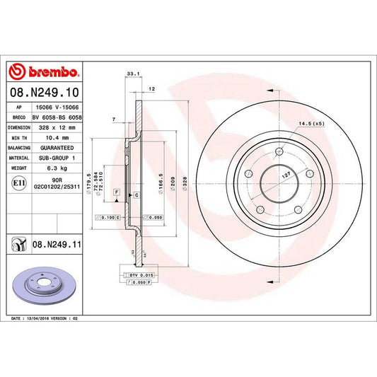BRE-08.N249.11 - PAR DE DISCOS DE FRENO TRASEROS PARA CHRYSLER TOWN & COUNTRY 30TH ANNIVERSARY EDITION 2014-2014