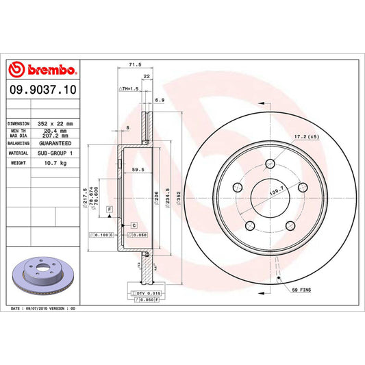 BRE-09.9037.10 - PAR DE DISCOS DE FRENO TRASEROS PARA CHRYSLER ASPEN LIMITED  5.7 8 2007-2007