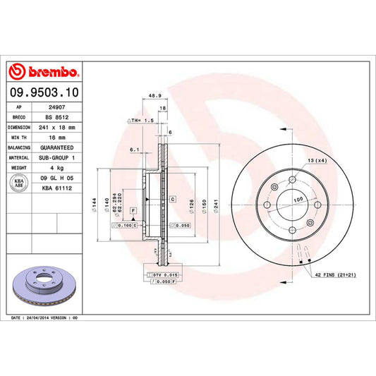 BRE-09.9503.10 - PAR DE DISCOS DE FRENO DELANTEROS PARA DODGE I10 GL 2012-2014
