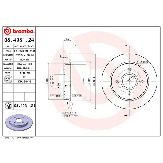 BRE-08.4931.21 - PAR DE DISCOS DE FRENO TRASEROS PARA FORD FIESTA ST 2008-2016
